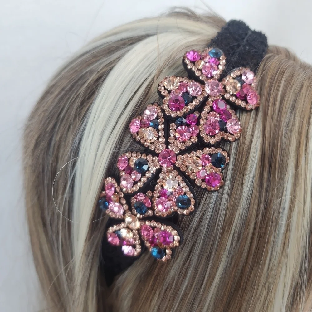 Gold/Pink/Blue Crystal Floral Black Lace Hair Band